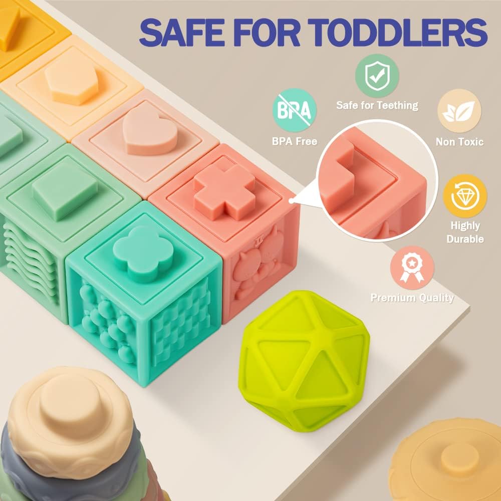 Baby Toys 6-12 Months | Montessori Sensory & Stacking Toy Set with Soft Blocks and Teething Balls