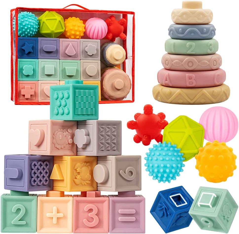 Baby Toys 6-12 Months | Montessori Sensory & Stacking Toy Set with Soft Blocks and Teething Balls