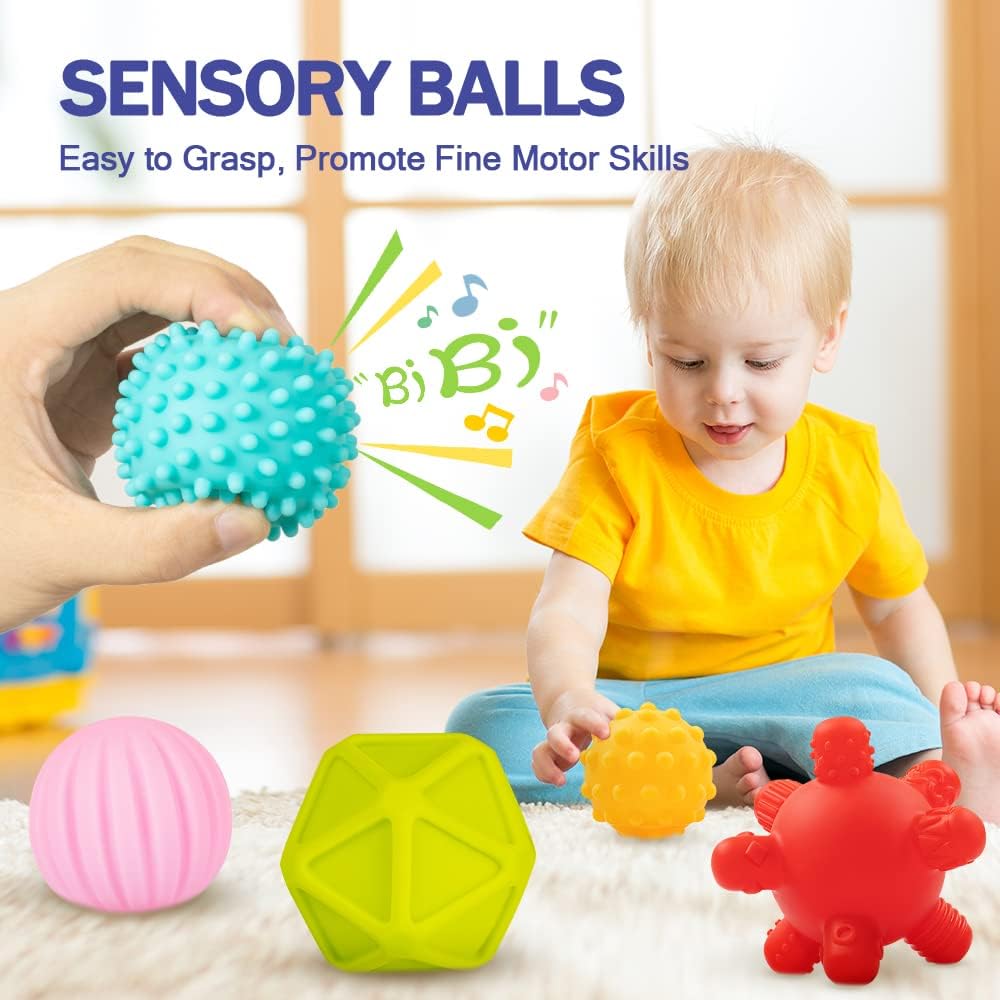 Baby Toys 6-12 Months | Montessori Sensory & Stacking Toy Set with Soft Blocks and Teething Balls