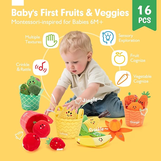 Baby Sensory Toys 6-12 Months | Montessori Soft Fruit & Vegetable Sorting Toy Set (16 PCS)