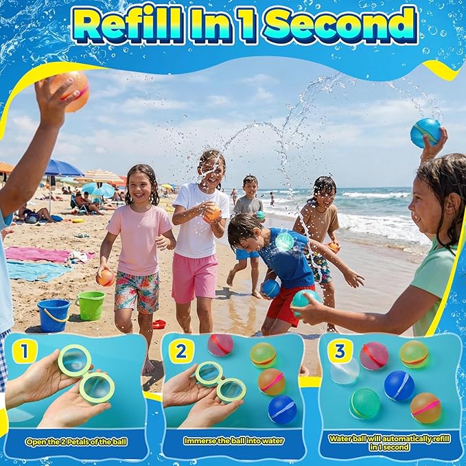 Reusable Water Balloons for Kids 16PCS | Self-Sealing Silicone Splash Balls for Pool & Summer Outdoor Play