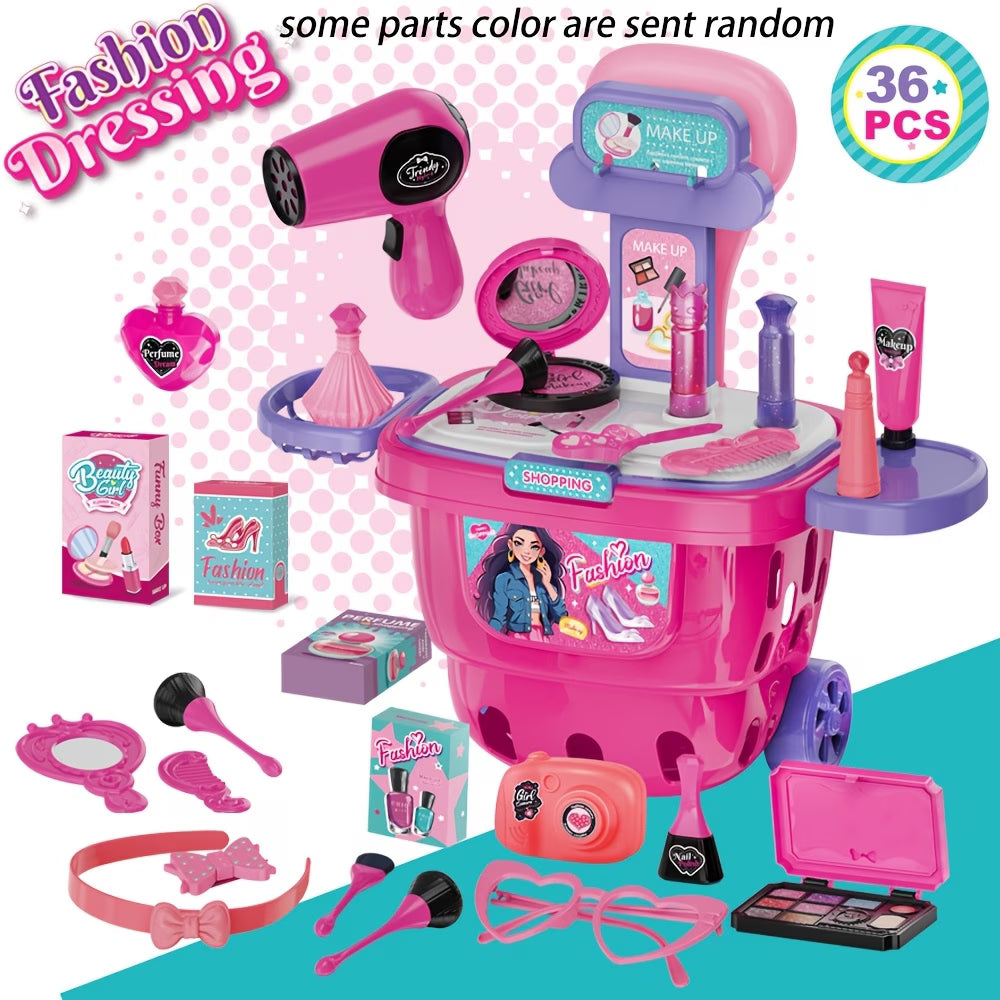 36PCS Kids Pretend Makeup & Beauty Playset – Fashion Dressing Toy Cart