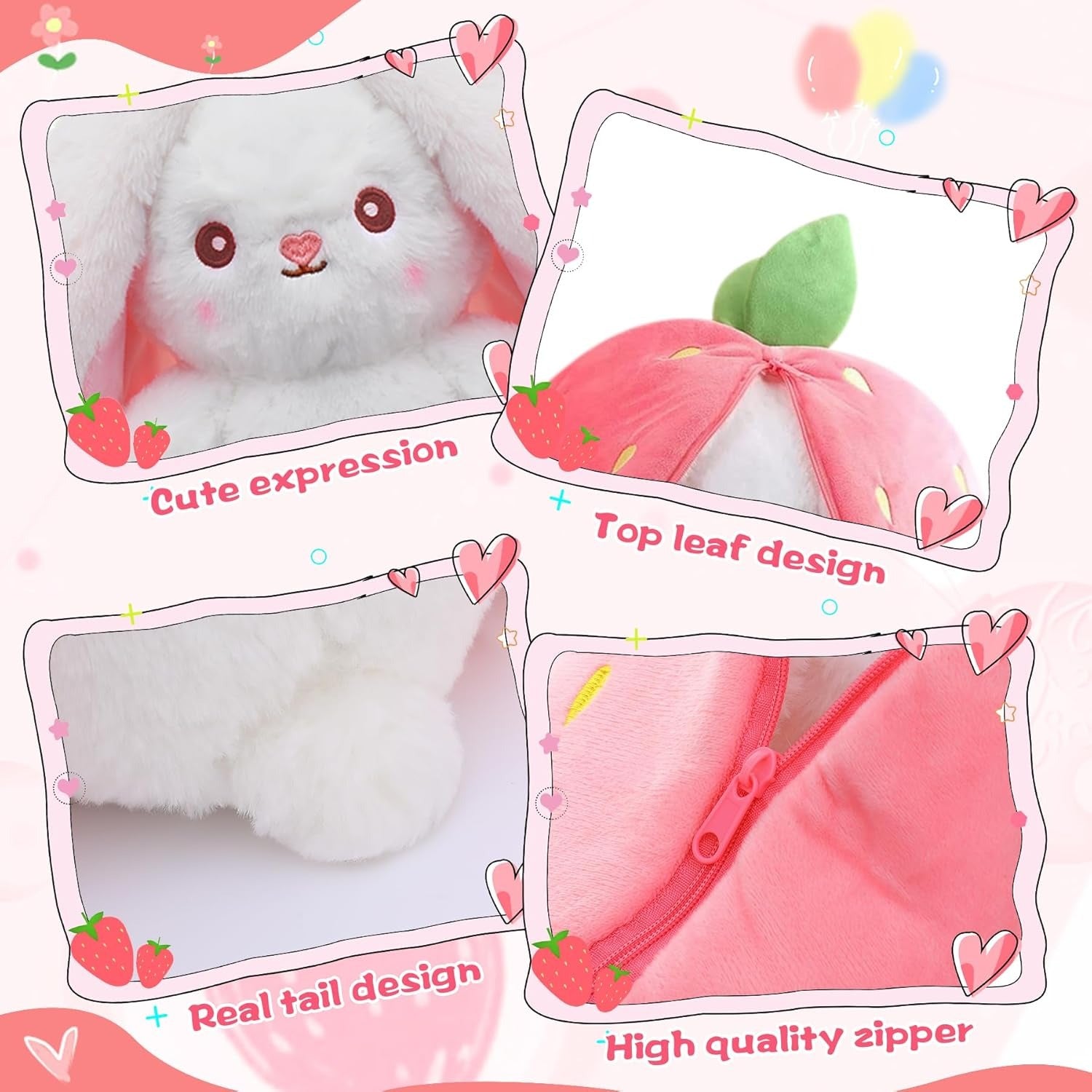 Reversible Strawberry Bunny Plush – 2-in-1 Kawaii Flip Plush Toy-Cozy Pillow