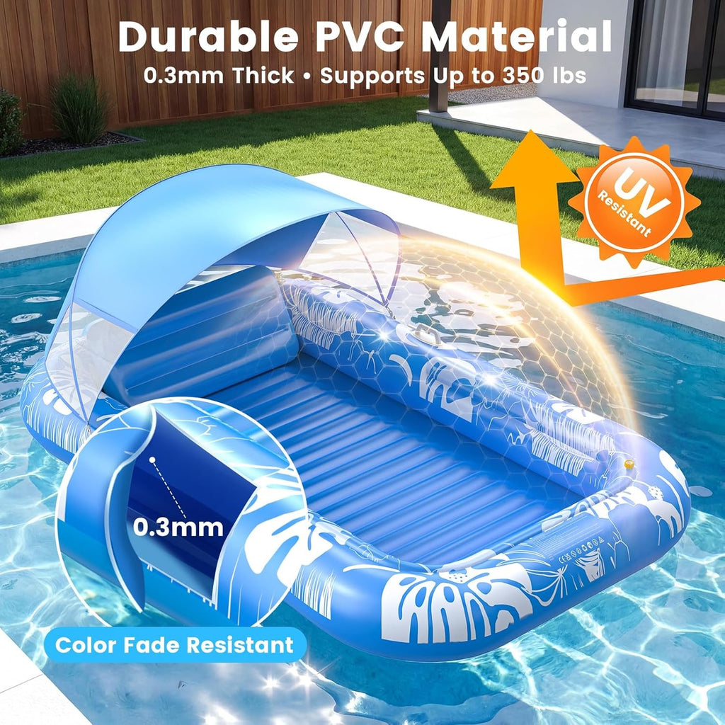 Inflatable Tanning Lounger with Sprinkler & Canopy | Summer Water Lounge Float
