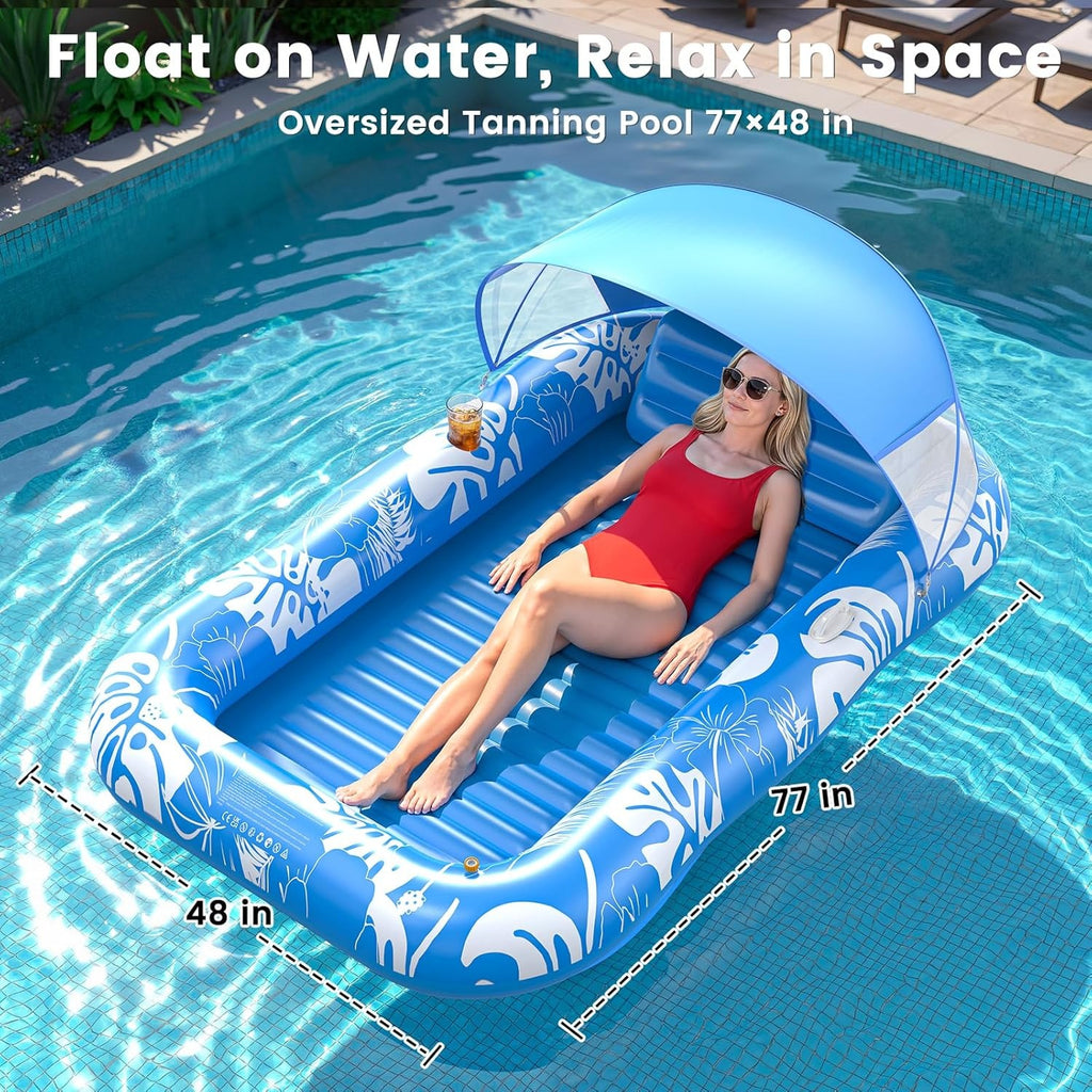 Inflatable Tanning Lounger with Sprinkler & Canopy | Summer Water Lounge Float