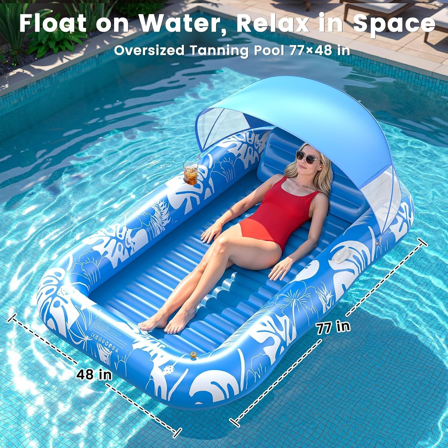 Inflatable Tanning Lounger with Sprinkler & Canopy | Summer Water Lounge Float