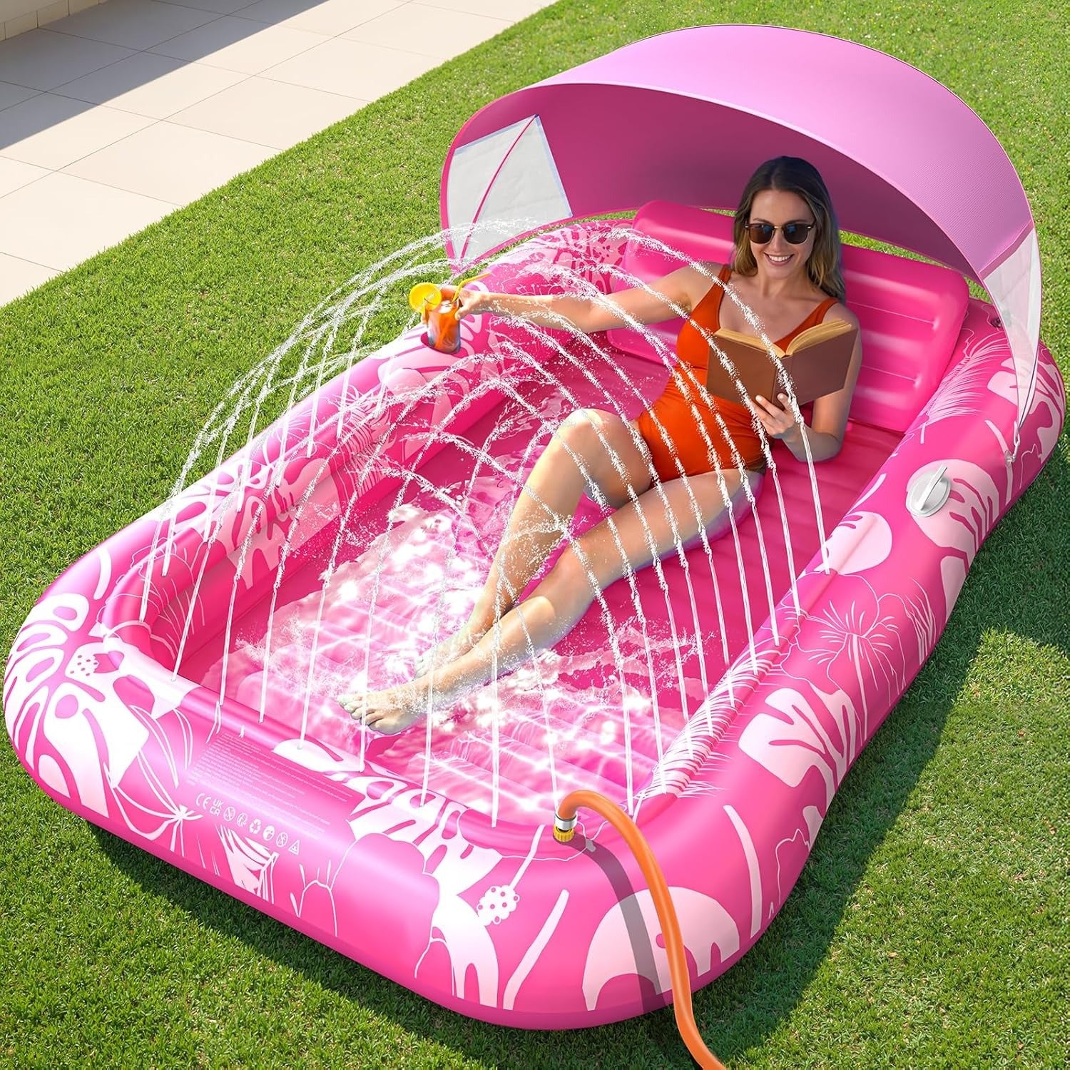 Inflatable Tanning Lounger with Sprinkler & Canopy | Summer Water Lounge Float