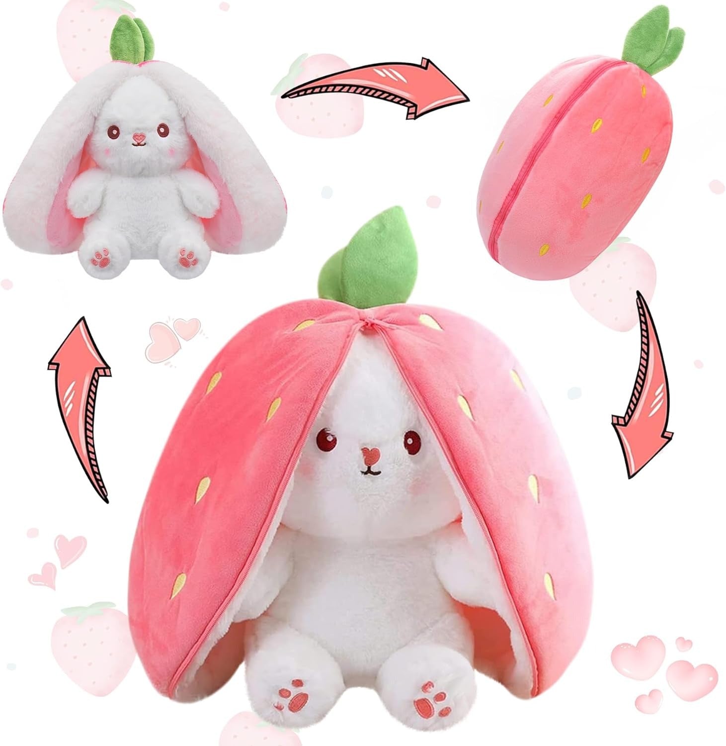 Reversible Strawberry Bunny Plush – 2-in-1 Kawaii Flip Plush Toy-Cozy Pillow