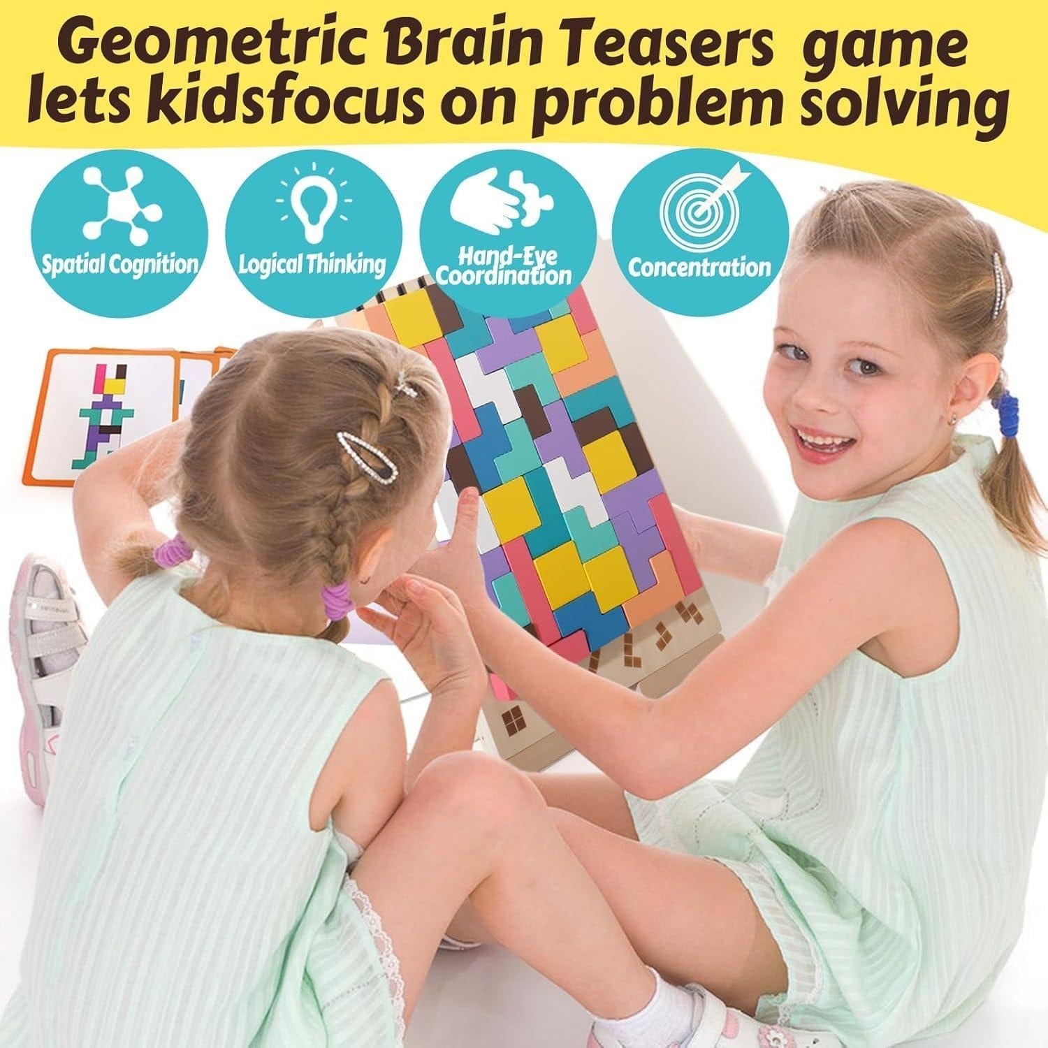 Wooden Geometric Block Puzzle Set – Educational Shape Stacking Brain Game for Kids