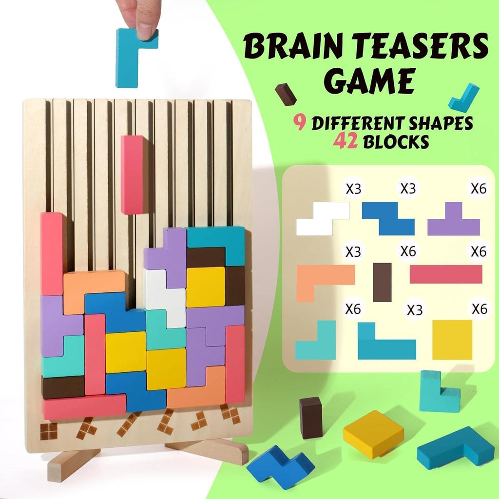 Wooden Geometric Block Puzzle Set – Educational Shape Stacking Brain Game for Kids